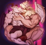 abs anthro bottomwear clothing duo horn kissing loincloth male male/male muscular muscular_male pecs wings justmegabenewell lifewonders tokyo_afterschool_summoners azazel_(tas) fan_character angel bovid caprine demon goat mammal hi_res