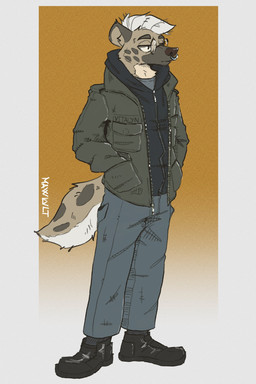 anthro boots bottomwear clothing ears_up eyewear facial_piercing footwear glasses hair hand_in_pocket male nose_piercing nose_ring pants piercing pockets ring_piercing round_glasses shoes solo tail wearing_glasses white_hair mawkvlt kolya_yeen_(mawkvlt) hyena mammal hi_res