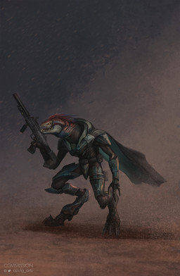 3_fingers 3_toes ambiguous_gender anthro armor cape clothing digitigrade feet fingers gun holding_object holding_ranged_weapon holding_weapon quill_hair ranged_weapon sharp_teeth solo standing submachine_gun teeth toes weapon yellow_eyes azulg_arts halo_(series) microsoft xbox_game_studios alien ibie'shan kig-yar scalie colored hi_res