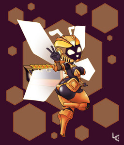 antennae_(anatomy) armor big_butt breasts butt cleavage clothed clothing dark_body dark_skin electronics engine female glowing honeycomb machine solo thick_thighs unconvincing_armor wings yellow_eyes fuzzycogs beeat_(fuzzycogs) arthropod bee hymenopteran insect robot absurd_res hi_res