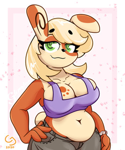 4_fingers anthro belly big_breasts biped black_nose blonde_hair bottomwear breasts cleavage clock clothed clothing countershade_face countershade_torso countershading crop_top eyelashes female fingers footprint fur green_eyes hair half-closed_eyes hand_on_hip looking_aside midriff multicolored_body multicolored_fur narrowed_eyes navel orange_body orange_fur pants pawprint shirt short_tail slightly_chubby slightly_chubby_female smile solo spiral spiral_eyes spots standing tail tan_body tan_fur topwear two_tone_body two_tone_fur watch wristwatch glimglam nintendo pokemon tipsy_(glimglam) generation_3_pokemon mammal pokemon_(species) spinda 2020 5:6 absurd_res hi_res portrait three-quarter_portrait