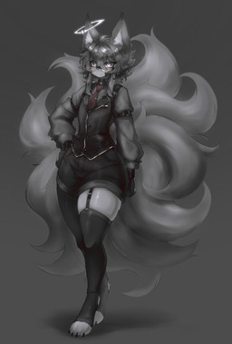 4_fingers anthro aura band-aid bandage bell belt black_clothing clothed clothing collar ear_piercing ear_ring eyewear fingers fur glasses grey_body grey_eyes grey_fur grey_hair hair legwear male multi_tail piercing ring_piercing solo stockings tail thick_thighs shoko_steff shoko_(shoko_steff) canid canine fox mammal true_fox absurd_res digital_drawing_(artwork) digital_media_(artwork) hi_res