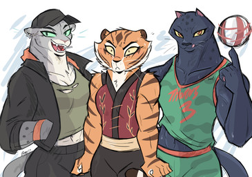 anthro ball basketball_(ball) basketball_uniform biceps bodily_fluids bottomwear breasts candy clothed clothing dessert ear_piercing female food fur grey_body grey_fur group hat headgear headwear jacket licking licking_lips licking_own_lips lollipop lollipop_in_mouth looking_at_viewer melanistic muscular muscular_anthro muscular_female open_clothing open_jacket open_mouth open_topwear orange_body pants piercing roarball_(ball) self_lick shirt shorts simple_background smile sportswear standing stripes sweat sweatdrop tail tank_top text text_on_clothing tongue tongue_out topwear trio uniform beezii dreamworks goat_(movie) kung_fu_panda sony_corporation sony_pictures the_bad_guys jett_fillmore kitty_kat_(the_bad_guys) master_tigress felid feline leopard mammal pantherine snow_leopard tiger absurd_res crossover digital_media_(artwork) hi_res