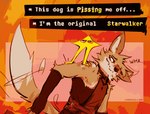 ambiguous_gender anthro biped brown_body brown_fur clothing confusion duo fingerless_gloves fur gloves handwear humor male multicolored_body multicolored_fur profanity standing_on_another tan_body tan_fur text white_body white_fur lawyerdog deltarune undertale_(series) cantio_(lawyerdog) the_original_starwalker canid canine canis coyote darkner mammal 2025 digital_media_(artwork) english_text