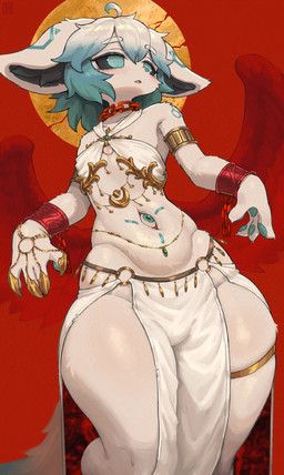 anthro armband black_sclera blue_eyes blue_hair blush bottomwear bulge chain_collar clothing collar cuff_bracelet femboy fur fur_markings hair inner_ear_fluff kemono legband loincloth male markings multi_eye navel navel_eye red_background red_wings simple_background small_waist solo thick_thighs topwear translucent translucent_hair tuft v-cut white_body white_hair wide_hips wings arcadius0505 echo_(echowocha) canid canine fox mammal 2025 hi_res