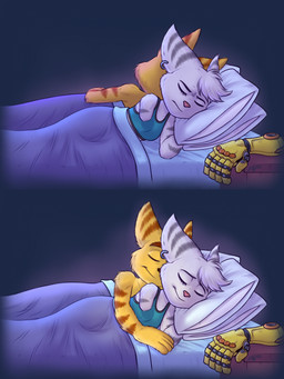 amputee anthro bed cuddling disability duo female fur furniture happy hug male male/female prosthetic prosthetic_arm prosthetic_limb romantic romantic_ambiance romantic_couple shirtless_male sleeping smile striped_body striped_fur stripes luchosfactory ratchet_and_clank sony_corporation sony_interactive_entertainment ratchet_(ratchet_and_clank) rivet_(ratchet_and_clank) lombax mammal 3:4 absurd_res hi_res story story_in_description