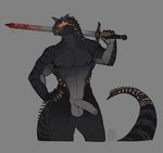 abelisaurid anthro balls black_body black_scales blood blood_drip bodily_fluids carnotaurus claws cryptid_jhin dinosaur dripping foreskin genitals male melee_weapon penis prehistoric_species reptile scales scalie solo sword theropod weapon white_eyes