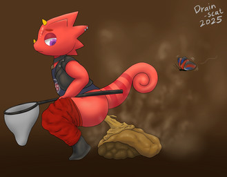anthro bottomwear bottomwear_down butt butterfly_net clothed clothing crouching diarrhea feces feces_in_ass feces_on_ground feces_pile half-closed_eyes male markings narrowed_eyes net pants pants_down partially_clothed piercing pooping pooping_on_floor purple_eyes red_body simple_background solo striped_markings striped_tail stripes tail tail_markings drain_scat animal_crossing nintendo flick_(animal_crossing) arthropod butterfly chameleon insect lepidopteran lizard reptile scalie hi_res
