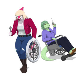 5_fingers anthro blonde_hair blue_eyes boots bottomwear clothing denim denim_bottomwear denim_clothing disability duo eyelashes female fingers footwear freckles green_body green_hair green_scales grey_eyes gun hair handgun hoodie jacket jeans long_hair long_tail magenta_body magenta_scales multicolored_body multicolored_scales open_mouth open_smile pants paraplegic pink_body pink_scales ranged_weapon revolver scales shoes short_hair simple_background sitting slippers smile spiked_tail spikes spikes_(anatomy) stealing tail thick_thighs tools topwear two_tone_body two_tone_scales vehicle weapon wheel wheelchair white_background wrench yellow_sclera mikelocesterlanders cavemanon_studios i_wani_hug_that_gator mia_moretti olivia_halford baryonyx dinosaur hadrosaurid ornithischian ornithopod parasaurolophus prehistoric_species reptile scalie spinosaurid theropod 1:1 2024 digital_drawing_(artwork) digital_media_(artwork) hi_res