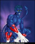 balls blue_background blue_body butt clothing costume erection genitals happy humanoid male marvel nightcrawler not_furry nude penis simple_background solo tail text unknown_artist url x-men