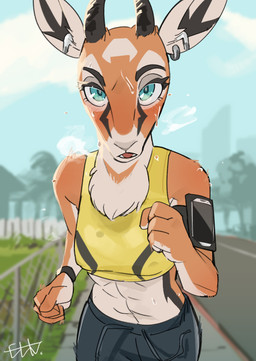 abs anthro biped bodily_fluids bra building city clothing detailed_background ear_piercing ear_ring electronics exercise female front_view green_eyes headphones house jogging muscular muscular_female orange_body phone piercing plant ring_piercing sweat tree underwear white_body el-k antelope bovid mammal absurd_res hi_res signature