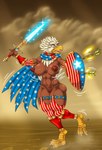 american_flag anthro areola armwear arrow_(weapon) beak big_breasts blue_cape blue_clothing blue_eyes breasts brown_areola brown_body brown_feathers brown_nipples brown_pussy cape clothing eyelashes feathers female genitals holding_melee_weapon holding_object holding_shield holding_sword holding_weapon legwear melee_weapon navel nipples nude open_mouth pattern_armwear pattern_clothing pattern_legwear pussy ranged_weapon red_armwear red_clothing red_legwear shield solo sparkles striped_armwear striped_clothing striped_legwear stripes sword thick_thighs united_states_of_america weapon white_body white_feathers wide_hips bythebook accipitrid accipitriform avian bald_eagle bird eagle sea_eagle hi_res