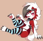 2018 3_toes ambiguous_gender anthro blush canid canine chest_tuft claws clothing collar daww digital_media_(artwork) feet fiddleafox finger_claws fur generation_7_pokemon hi_res legwear lycanroc mammal midnight_lycanroc multicolored_body multicolored_fur nintendo open_mouth pattern_clothing pattern_legwear pattern_stockings pawpads piercing pokemon pokemon_(species) red_body red_eyes red_fur simple_background sitting smile solo stockings striped_clothing striped_legwear striped_stockings stripes toe_claws toes tuft white_body white_fur