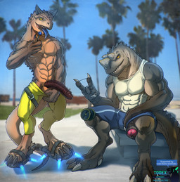 4_fingers abs anthro balls beach big_penis bodily_fluids candy claws clothed clothing dessert digitigrade duo erection fingers food genital_fluids genitals glans huge_penis lollipop looking_at_viewer male male/male muscular muscular_male outside penis precum presenting seductive shirt tank_top tongue tongue_out topless topless_male topwear yo-yo todex abelisaurid carnotaurus ceratosaurid ceratosaurus dinosaur prehistoric_species reptile saurischian scalie theropod hi_res