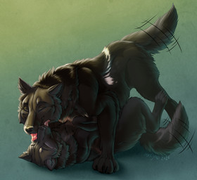 ambiguous/ambiguous ambiguous_gender black_body black_fur black_nose claws duo eyes_closed feral feral_on_feral fur gradient_background green_background licking licking_another licking_partner lying markings motion_lines on_back paws pinned pinned_to_ground pointy_ears simple_background tail tail_motion tailwag textured_background tongue white_markings marjani canid canine canis mammal wolf 2026 colored digital_drawing_(artwork) digital_media_(artwork) hi_res shaded signature