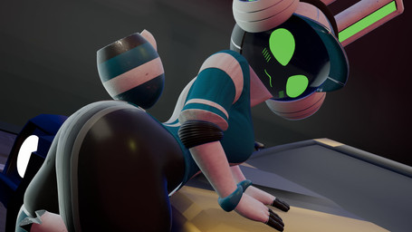 anthro big_butt black_body blue_clothing blue_leotard blush blush_lines breasts butt clothing empty_eyes female green_eyes hat headgear headwear leotard looking_at_viewer machine solo thick_thighs visor_cap white_body wide_hips gummitonic zoidrawzaton_(modeler) project_turboblast tempo_(project_turboblast) lagomorph leporid mammal rabbit robot robot_anthro 16:9 3d_(artwork) digital_media_(artwork) hi_res widescreen