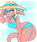 anthro blonde_hair blue_eyes breasts cleavage clothed clothing female hair hat headgear headwear horn looking_at_viewer non-mammal_breasts pink_body scales simple_background smile solo standing sun_hat swimwear tail zyira mythology coraldragon dragon mythological_creature mythological_scalie reptile scalie digital_media_(artwork) hi_res