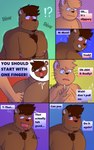 5:8 anal anal_fingering anthro bear big_butt blush bodily_fluids brown_body brown_fur butt comic dialogue digital_media_(artwork) domestic_cat duo english_text felid feline felis fingering fur hair heterochromia hi_res klenn_(sleepywozzy) male male/male mammal matt_(sleepywozzy) mature_anthro mature_male nipples nude open_mouth overweight overweight_male penetration piercing simple_background sleepywozzy smile text tongue