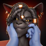 anthro black_sclera blood bodily_fluids braided_hair claws ear_piercing ear_ring eyebrows first_person_view grey_body hair hand_on_cheek looking_at_viewer male piercing raised_eyebrow ring_piercing simple_background smile solo wounded yellow_eyes edvardiko grasleif felid feline felis mammal pantherine 2025 3d_(artwork) absurd_res blender_(artwork) digital_media_(artwork) headshot_portrait hi_res portrait