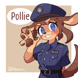 anthro belt blue_clothing blue_eyes blue_hat blue_headwear blue_uniform blush blush_lines brown_hair brown_nose brown_pawpads brown_tail brown_text claws clothing female gesture hair hat headgear headwear long_hair looking_at_viewer name_drop open_mouth pawpads paws police police_hat police_officer police_uniform pupils smile snout solo tail teeth text uniform wave waving waving_at_viewer appoco pollie_(appoco) canid canine canis domestic_dog mammal 1:1 2026 colored digital_drawing_(artwork) digital_media_(artwork) hi_res signature