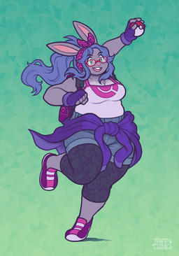 anthro blue_hair bottomwear clothing eyewear female fingerless_gloves footwear fur glasses gloves green_background green_eyes grey_body grey_fur hair handwear holding_object holding_pokeball open_mouth pokeball red_eyewear red_glasses shirt shoes shorts simple_background smile solo standard_pokeball topwear taffywabbit nintendo pokemon mallow_(bunbunmallow) lagomorph leporid mammal rabbit 2025 digital_media_(artwork) hi_res nonbinary_(lore)