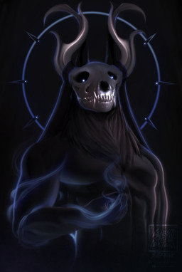 5_fingers anthro antlers aureola bone claws dark deer_antlers finger_claws fingers fire_eyes fur glowing glowing_eyes half_naked halo horn humanoid_hands light looking_at_viewer looking_down magic magic_user male muscular pecs simple_background skull skull_head solo teeth thorns veil stefaink american_mythology indigenous_north_american_mythology mythology north_american_mythology khadath_hjortsberg cervine cryptid deer mammal wendigo absurd_res hi_res