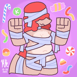 alternate_color anthro belly big_hands big_legs breasts candy choker clothed clothing dessert food gynomorph hair holidays intersex jagged_mouth jewelry kneeling kneeling_on_ground medium_breasts midriff multicolored_body mummy_costume mummy_wrappings navel necklace overweight overweight_anthro overweight_gynomorph overweight_intersex pink_body red_hair red_tail red_tentacles skimpy solo tail tentacles thick_thighs two_tone_body kelly_kilbride halloween naudia_(kelly_kilbride) cephalopod marine mollusk nautilus 1:1 aliasing digital_media_(artwork) nonbinary_(lore)