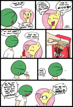 ?_face angry dialogue duo eating ellipsis female food hair heart_symbol male open_mouth pink_hair text tongue shoutingisfun friendship_is_magic hasbro my_little_pony pocky anon fluttershy_(mlp) equid equine horse human mammal pony 2016 comic english_text hi_res
