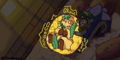 4_fingers 4_toes ambiguous_gender ambiguous_prey blue_body blue_fur clothed clothing detailed_background duo eyewear eyewear_on_head feet feral feral_prey fingers fur hat headgear headwear high-angle_view male onomatopoeia open_mouth orange_sclera pillow simple_background solo sound_effects sunglasses sunglasses_on_head tail teeth text toes two_tone_tail vore vore_bulge white_body white_fur yellow_insides fishwithnoeyes nintendo pokemon lance_(fishwithnoeyes) eeveelution generation_4_pokemon leafeon pachirisu pokemon_(species) 2:1 digital_media_(artwork) hi_res signature