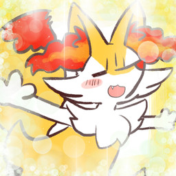 3_fingers ambiguous_anthro ambiguous_gender anthro arm_tuft big_tail biped black_body blush cheek_tuft chest_tuft cute_fangs dipstick_tail eyes_closed facial_tuft fangs fingers front_view fur hip_tuft inner_ear_fluff markings multicolored_body multicolored_fur nude_ambiguous nude_anthro open_:3 open_mouth open_smile outstretched_arms pointy_ears prick_ears red_body red_fur red_inner_ear_fluff red_nose red_tail_tip shoulder_tuft simple_background smile solo tail tail_markings tapering_snout teeth three-quarter_view tuft two_tone_tail white_body white_fur yellow_background yellow_body yellow_fur yellow_tail annyui0611 nintendo pokemon braixen canid generation_6_pokemon mammal pokemon_(species) 1:1 2021 colored digital_drawing_(artwork) digital_media_(artwork) flat_colors half-length_portrait hi_res japanese_description portrait translated_description