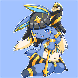 4_ears ankh anklet anthro armlet bangs barefoot belly big_breasts black_hair blue_background blue_body blue_eyes blue_fur blunt_bangs blush blush_lines bottomwear bracelet breasts buckteeth chibi circlet clothing crop_top dipstick_ears ear_markings egyptian exposed_belly feet female floppy_ears fur gold_(metal) gold_bracelet gold_jewelry gold_staff hair holding_object holding_staff jewelry kemono leg_markings long_ears looking_at_viewer lop_ears markings medium_hair multi_ear multicolored_ears navel one_eye_closed open_mouth open_smile outline overweight overweight_anthro overweight_female pattern_bottomwear pattern_clothing pattern_skirt pose scut_tail shirt short_tail simple_background sitting skirt slightly_chubby slightly_chubby_anthro slightly_chubby_female smile socks_(marking) solo staff striped_bottomwear striped_clothing striped_skirt stripes tail teeth thick_thighs topwear under_boob wariza white_body white_fur white_outline wide_hips wink winking_at_viewer botantan cyberconnect2 drecom full_bokko_heroes apophis_(full_bokko_heroes) lagomorph leporid mammal rabbit 2021 digital_media_(artwork) full-length_portrait portrait