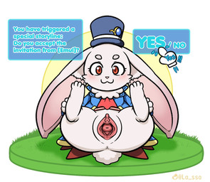 :3 anthro big_ears blush bottomless choice clothed clothing feet female fur genitals grass headgear headwear legs_up looking_at_viewer plant presenting presenting_vulva red_eyes simple_background solo tail text topwear vulva white_background white_body white_fur yes-no_question lasso_(artist) shangri-la_frontier emul_(shangri-la_frontier) lagomorph leporid mammal rabbit vorpal_bunny 2024 english_text