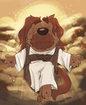 anthro brown_body brown_clothing brown_ears brown_fur brown_nose brown_tail brown_topwear clothing cloud eyes_closed floating fur halo male pose religion robe solo tail topwear white_clothing white_robe shaibey bluey_(series) jesus_christ canid canine canis deity domestic_dog mammal 2024 digital_media_(artwork) hi_res procreate_(artwork)