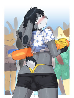 aloha_shirt bottomwear butt clothing dripping dripping_wet femboy g-string hotpants looking_at_viewer looking_back looking_back_at_viewer male pattern_clothing pattern_shirt pattern_topwear scut_tail shirt short_tail shorts tail topwear toy toy_gun underwear water_gun roo310 songkran lagomorph leporid mammal rabbit 3:4 absurd_res hi_res