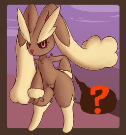annoyed anthro black_sclera border brown_body brown_border brown_fur chest_tuft closed_frown crotch_tuft eyebrows eyelashes featureless_crotch featureless_feet feet female fingers flat_chested floppy_ears front_view frown fur halftone_shading hand_on_butt long_ears looking_at_viewer lop_ears mouth_closed multicolored_body multicolored_fur nude outside pear-shaped_figure pink_eyes pink_nose pupils question_mark solo speech_bubble standing tan_body tan_fur thick_eyebrows thick_thighs tuft two_tone_body two_tone_fur wide_hips lizardfungus cc-by-nc-nd creative_commons nintendo pokemon generation_4_pokemon lagomorph lopunny mammal pokemon_(species) 2025 aliasing binary_drawing digital_drawing_(artwork) digital_media_(artwork) full-length_portrait portrait
