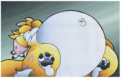 anthro belly big_belly border claws female fur huge_belly inflation obese overweight solo white_border yellow_body yellow_fur virus-20 bandai_namco digimon digimon_(species) renamon 2014