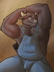 anthro armpit_hair body_hair clothing ear_piercing gauged_ear horn male nipples overalls overweight overweight_anthro overweight_male pecs piercing solo shibacream european_mythology greek_mythology minotaur_hotel mythology storm_(minotaur_hotel) bovid bovine cattle mammal minotaur 3:4 absurd_res hi_res