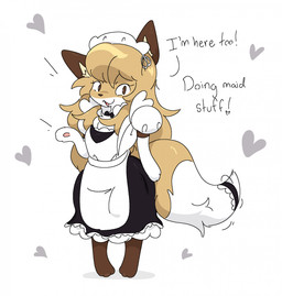 :3 anthro armwear big_ears big_tail biped black_bow_tie blonde_hair bow_tie brown_body brown_ears brown_eyes brown_fur brown_nose clothing digitigrade dipstick_tail elbow_gloves excited exclamation_point eyelashes female fur gloves hair handpaw handwear heart_symbol inner_ear_fluff long_hair looking_at_viewer maid_apron maid_headdress maid_uniform markings motion_lines multicolored_body multicolored_fur narrowed_eyes open_mouth paws pupils simple_background slit_pupils small_nose solo standing tail tail_markings tail_motion tail_tuft tailwag text tongue tuft two_tone_body two_tone_fur uniform white_background white_body white_clothing white_fur white_gloves white_handwear white_sclera yellow_body yellow_fur yellow_inner_ear_fluff conditional_dnp guzzlord420 averi_(fiddleafox) canid canine fox mammal red_fox true_fox 2025 digital_drawing_(artwork) digital_media_(artwork) english_text handwritten_text hi_res portrait shaded