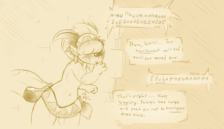 anthro blush bottle clothed clothing container dialogue eavesdropping female hair hair_over_eyes laugh navel offscreen_character open_mouth potion potion_bottle solo text topless wall_(structure) kemotobi basil_(kemotobi) mammal mustelid otter 2015 english_text monochrome sketch yellow_and_white