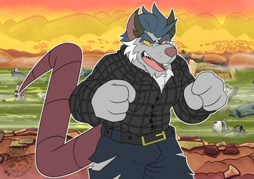 4_fingers anthro bottomwear clothing detailed_background fingers grey_body male open_mouth outside pants shrit solo sherlackw brok_the_investigator cowcat_games squealers_chief mammal murid murine rat rodent 2026 absurd_res hi_res
