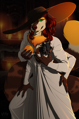 4_arms anthro clothed clothing cosplay crossdressing dress fake_breasts food fruit green_eyes hair hat headgear headwear long_tail looking_at_viewer male mane multi_arm multi_limb orange_(fruit) plant red_hair red_nose smile solo sun_hat sundress tail wide_brim_hat willian_shion capcom resident_evil alcina_dimitrescu marcus_underwood_(marcusunderwood) bow_experiment_(resident_evil) cadou_host_(resident_evil) canid canine canis felid hybrid mammal maned_wolf pantherine snow_leopard vampire wolf hi_res