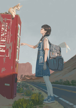 ambiguous_gender backpack canyon clothed clothing duo eyewear feral glasses larger_human male outside plant quadruped realistic road size_difference sky slice_of_life smaller_feral vending_machine fuenzesunny canid canine fennec_fox fox human mammal true_fox hi_res