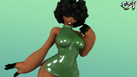 anthro big_breasts black_body black_fur black_hair breasts brown_body brown_fur clothed clothed_anthro clothed_female clothing dress female fur green_clothing green_dress green_latex hair hair_over_eye latex latex_clothing latex_dress multicolored_body multicolored_fur solo two_tone_body two_tone_fur wide_hips psikokinetic warfaremachine_(modeler) ashanti_(psikokinetic) lagomorph leporid mammal rabbit 16:9 2025 3d_(artwork) digital_media_(artwork) hi_res source_filmmaker_(artwork) widescreen