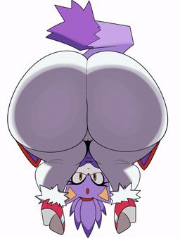 anthro bent_over big_butt biped bottomwear bubble_butt butt clothing eyelashes female fur huge_butt looking_at_viewer looking_back looking_through looking_through_legs pants pupils purple_body purple_clothing rear_view simple_background solo tail thick_thighs white_clothing jutsapostion sega sonic_the_hedgehog_(series) blaze_the_cat domestic_cat felid feline felis mammal 2026 absurd_res hi_res