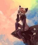 4_toes ambiguous_gender anthro biped blush feet fluffy fur grey_body grey_fur hair leg_markings markings nude outside plantigrade sitting socks_(marking) solo toes white_hair yellow_eyes miri mammal 2015 colorful_theme hi_res