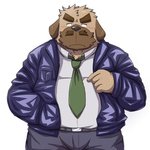 anthro belly blush bottomwear brown_body brown_fur clothing fur kemono male necktie overweight overweight_anthro overweight_male pants shirt simple_background solo topwear white_background emufu canid canine canis domestic_dog mammal 1:1 2014