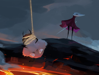 anthro black_body bound cloak clothing duo female holding_melee_weapon holding_object holding_weapon lava male melee_weapon red_cloak red_clothing standing weapon somewhatirked hollow_knight:_silksong hollow_knight_(franchise) team_cherry hornet_(hollow_knight) kratt_(hollow_knight:_silksong) arthropod hi_res