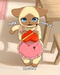4:5 absurd_res anthro apron biped blue_eyes brown_body brown_fur candy capcom chocolate clothing dessert dialogue eyelashes felid felyne female food fur hi_res holidays looking_at_viewer lynian mammal monster_hunter palico rapel smile solo tan_body tan_fur valentine's_day