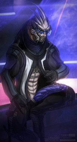 abs anthro bar big_penis bodily_fluids bottomwear clothed clothing genital_fluids genitals huge_penis jacket long_penis looking_at_viewer male muscular muscular_anthro muscular_male nightclub open_bottomwear open_clothing open_jacket open_pants open_topwear pants penis precum presenting presenting_penis purple_penis solo topwear todex bioware electronic_arts mass_effect mass_effect_3 garrus_vakarian alien turian 2017 absurd_res hi_res