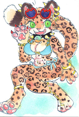 abs anthro bikini breasts clothed clothing collar ear_piercing ear_ring eyewear eyewear_on_head female fur green_eyes jewelry markings navel navel_piercing pawpads piercing ring ring_piercing semi-anthro solo spiked_collar spikes spots spotted_body sunglasses sunglasses_on_head swimwear two-piece_swimsuit kyokyota felid leopard mammal pantherine 2024 hi_res traditional_media_(artwork)